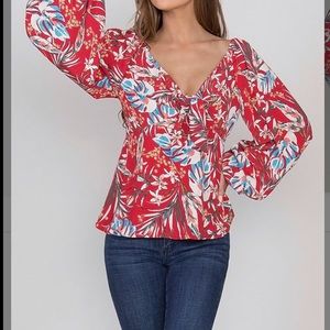 Red & Blue Floral Tie-Front V-Neck Top